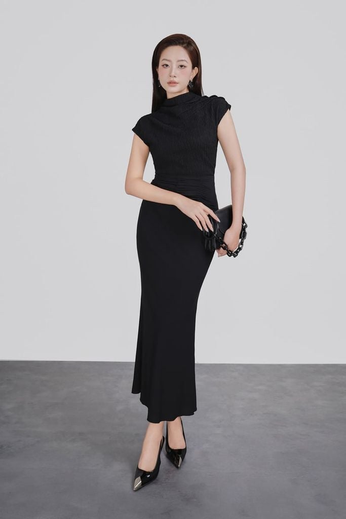 FJD11265 - Chân váy dài vải cotton dáng ôm cạp phối nhún tạo kiểu khoá thân sau - PANTIO