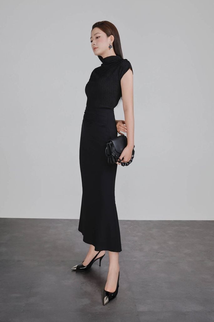 FAT7590 - Áo thun dệt kim vải len nhăn dáng suông cổ cao tay chờm vai áo phối nếp ly tạo kiểu - PANTIO