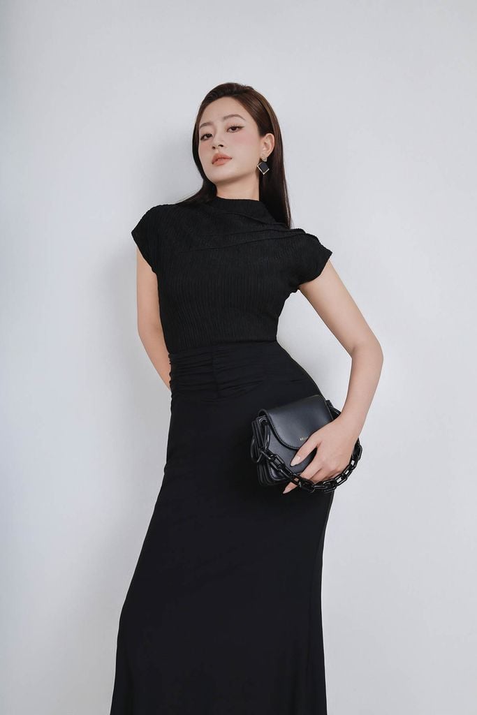 FAT7590 - Áo thun dệt kim vải len nhăn dáng suông cổ cao tay chờm vai áo phối nếp ly tạo kiểu - PANTIO