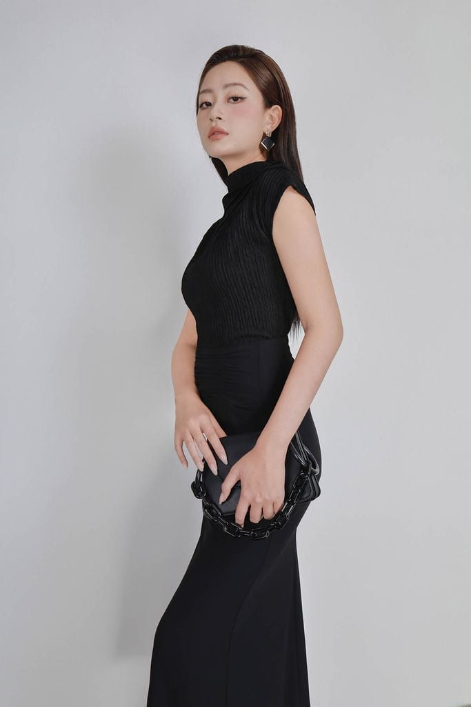 FAT7590 - Áo thun dệt kim vải len nhăn dáng suông cổ cao tay chờm vai áo phối nếp ly tạo kiểu - PANTIO