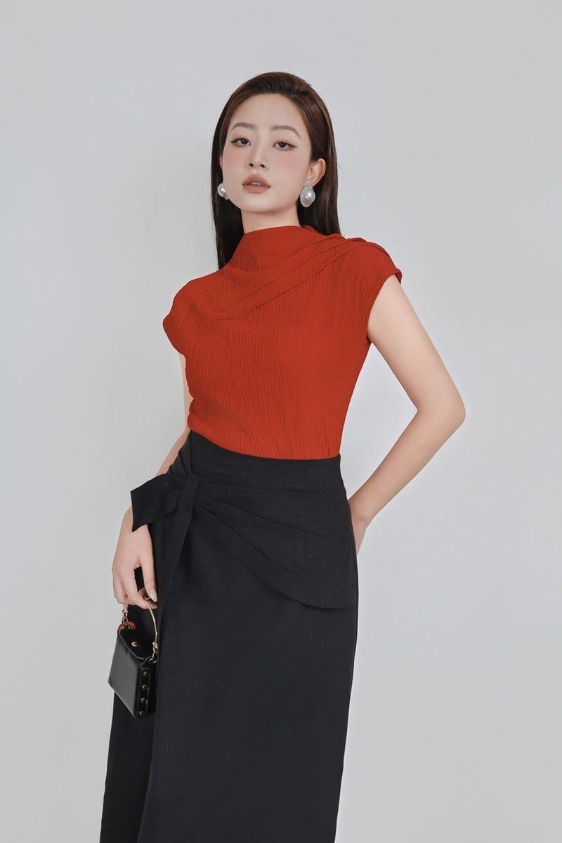 FJD51314 - Chân váy dài công sở vải thô ánh nhũ dáng chữ A cạp cao đính nơ 3D vạt lệch tạo kiểu khoá thân sau - PANTIO