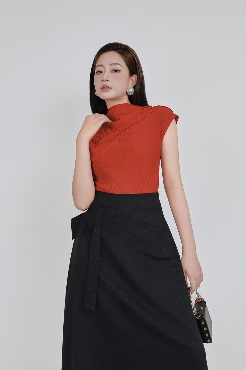 FJD51314 - Chân váy dài công sở vải thô ánh nhũ dáng chữ A cạp cao đính nơ 3D vạt lệch tạo kiểu khoá thân sau - PANTIO