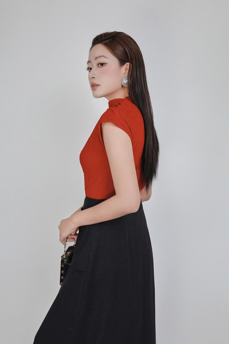 FJD51314 - Chân váy dài công sở vải thô ánh nhũ dáng chữ A cạp cao đính nơ 3D vạt lệch tạo kiểu khoá thân sau - PANTIO