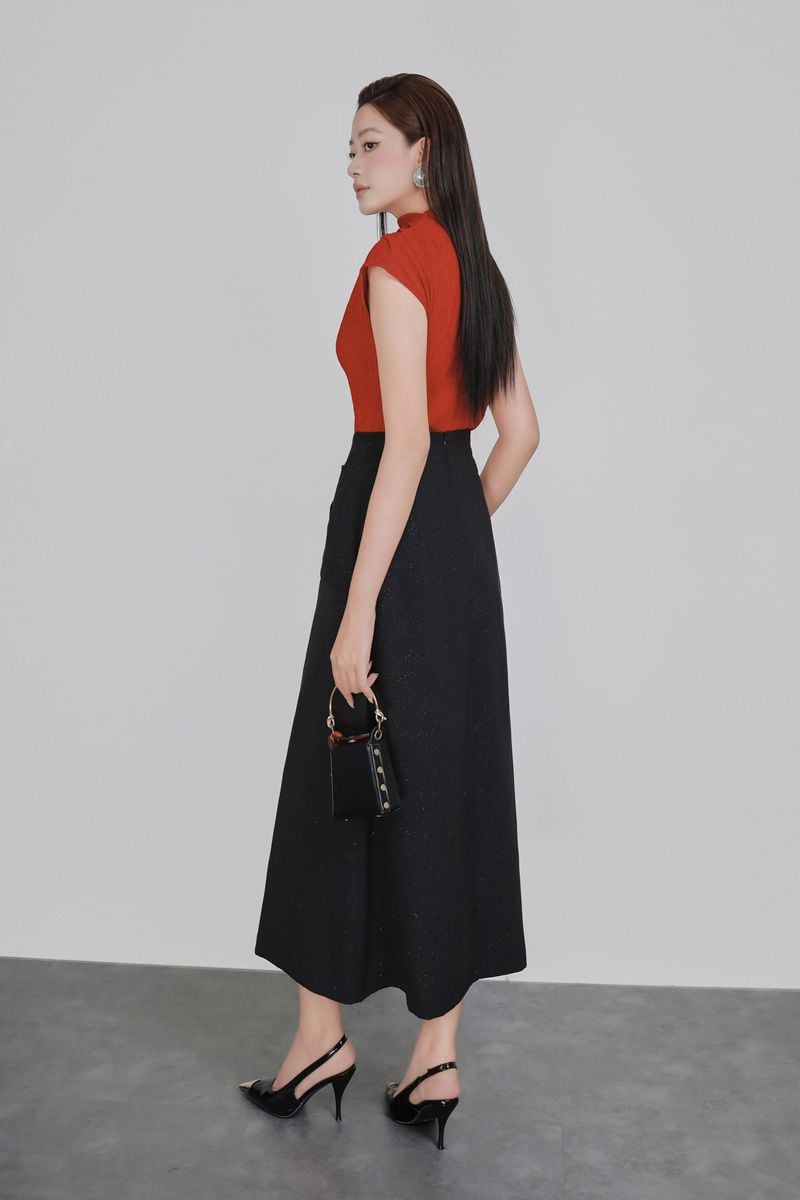 FJD51314 - Chân váy dài công sở vải thô ánh nhũ dáng chữ A cạp cao đính nơ 3D vạt lệch tạo kiểu khoá thân sau - PANTIO