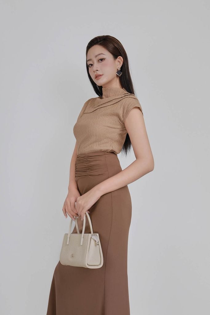 FAT7590 - Áo thun dệt kim vải len nhăn dáng suông cổ cao tay chờm vai áo phối nếp ly tạo kiểu - PANTIO