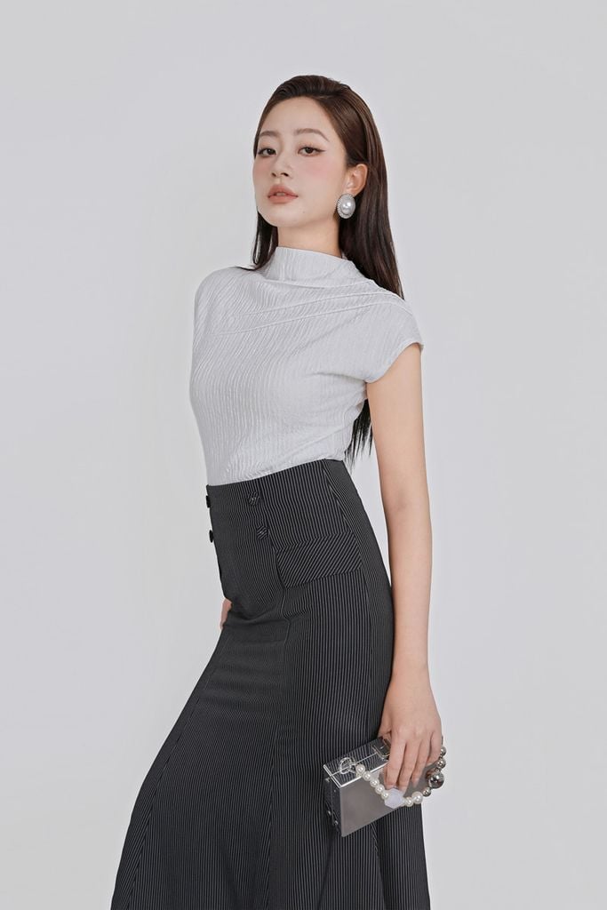 FJD51313 - Chân váy dài công sở vải thô kẻ dáng đuôi cá thân váy đính khuy bọc có nắp túi ốp tạo kiểu - PANTIO