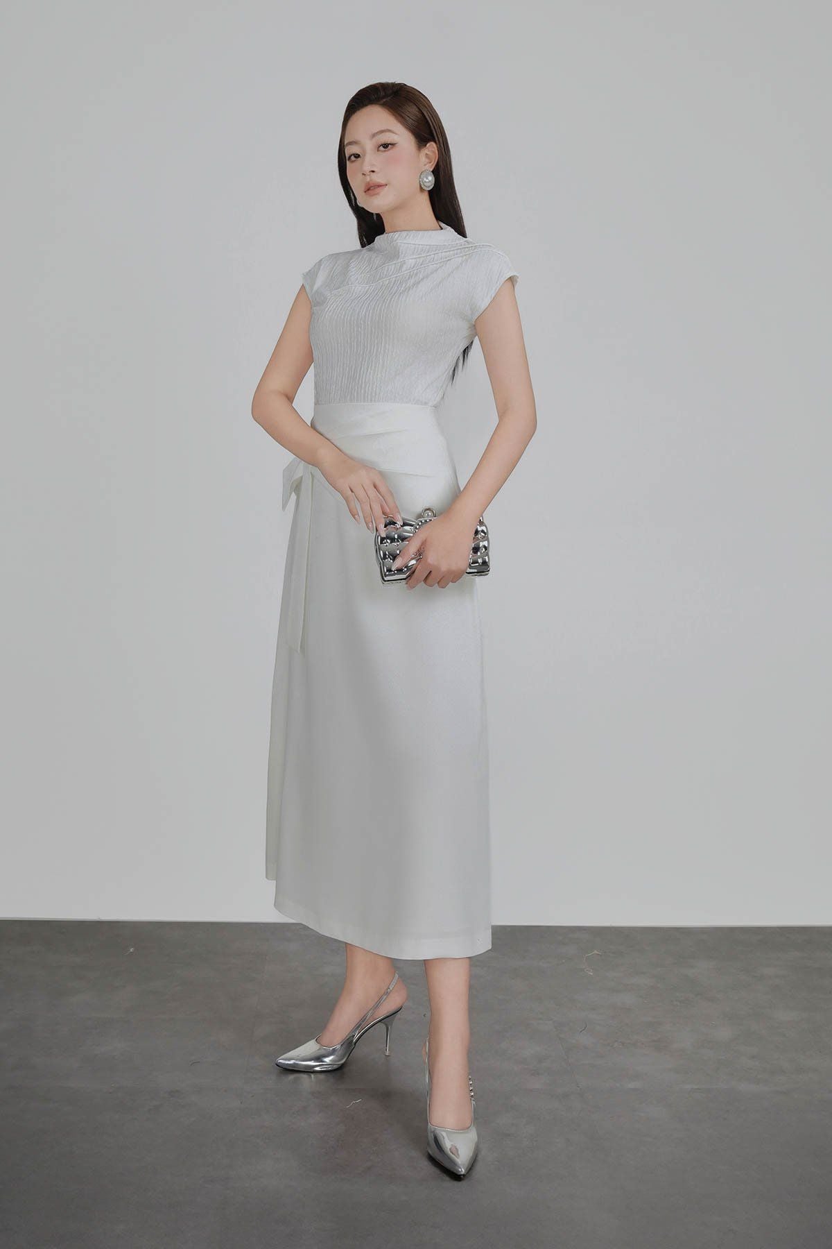 FAT7590 - Áo thun dệt kim vải len nhăn dáng suông cổ cao tay chờm vai áo phối nếp ly tạo kiểu - PANTIO