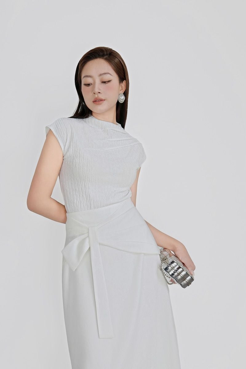 FJD51314 - Chân váy dài công sở vải thô ánh nhũ dáng chữ A cạp cao đính nơ 3D vạt lệch tạo kiểu khoá thân sau - PANTIO