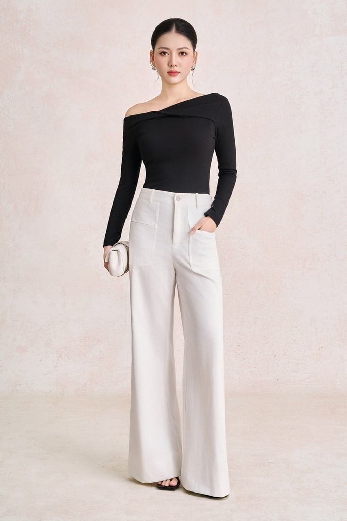 FQD51279 - Quần dài công sở vải denim dáng suông ống rộng cạp cao có túi tạo kiểu - PANTIO