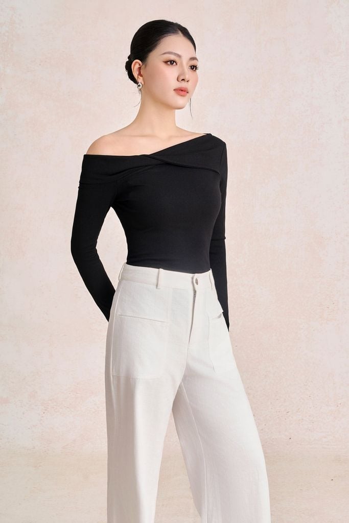 FQD51279 - Quần dài công sở vải denim dáng suông ống rộng cạp cao có túi tạo kiểu - PANTIO