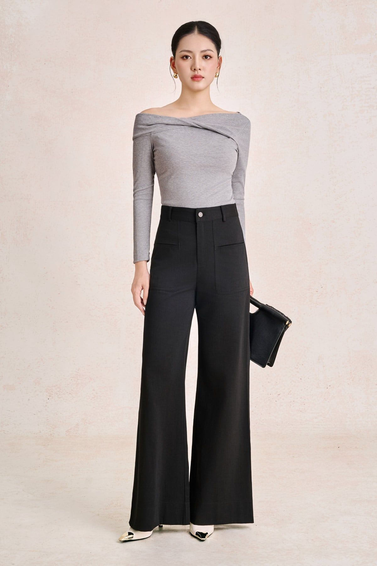 FQD51279 - Quần dài công sở vải denim dáng suông ống rộng cạp cao có túi tạo kiểu - PANTIO