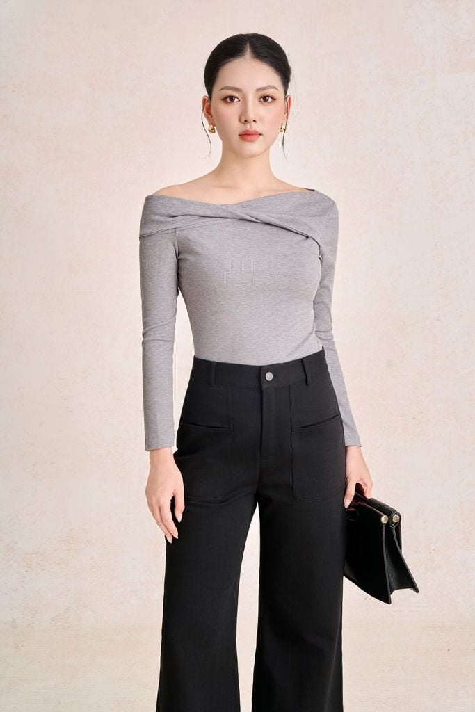 FQD51279 - Quần dài công sở vải denim dáng suông ống rộng cạp cao có túi tạo kiểu - PANTIO