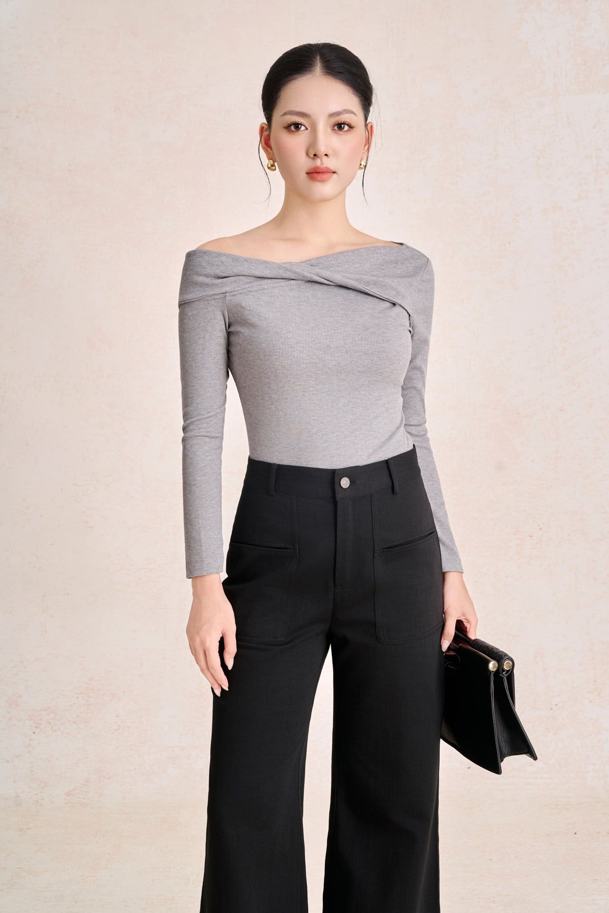 FQD51279 - Quần dài công sở vải denim dáng suông ống rộng cạp cao có túi tạo kiểu - PANTIO