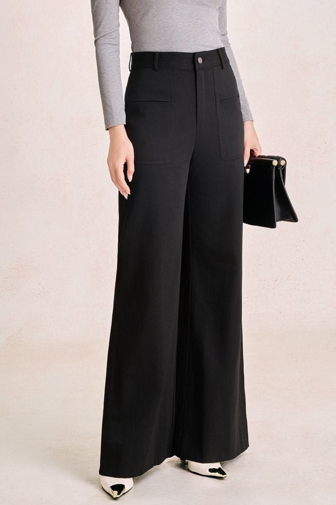 FQD51279 - Quần dài công sở vải denim dáng suông ống rộng cạp cao có túi tạo kiểu - PANTIO