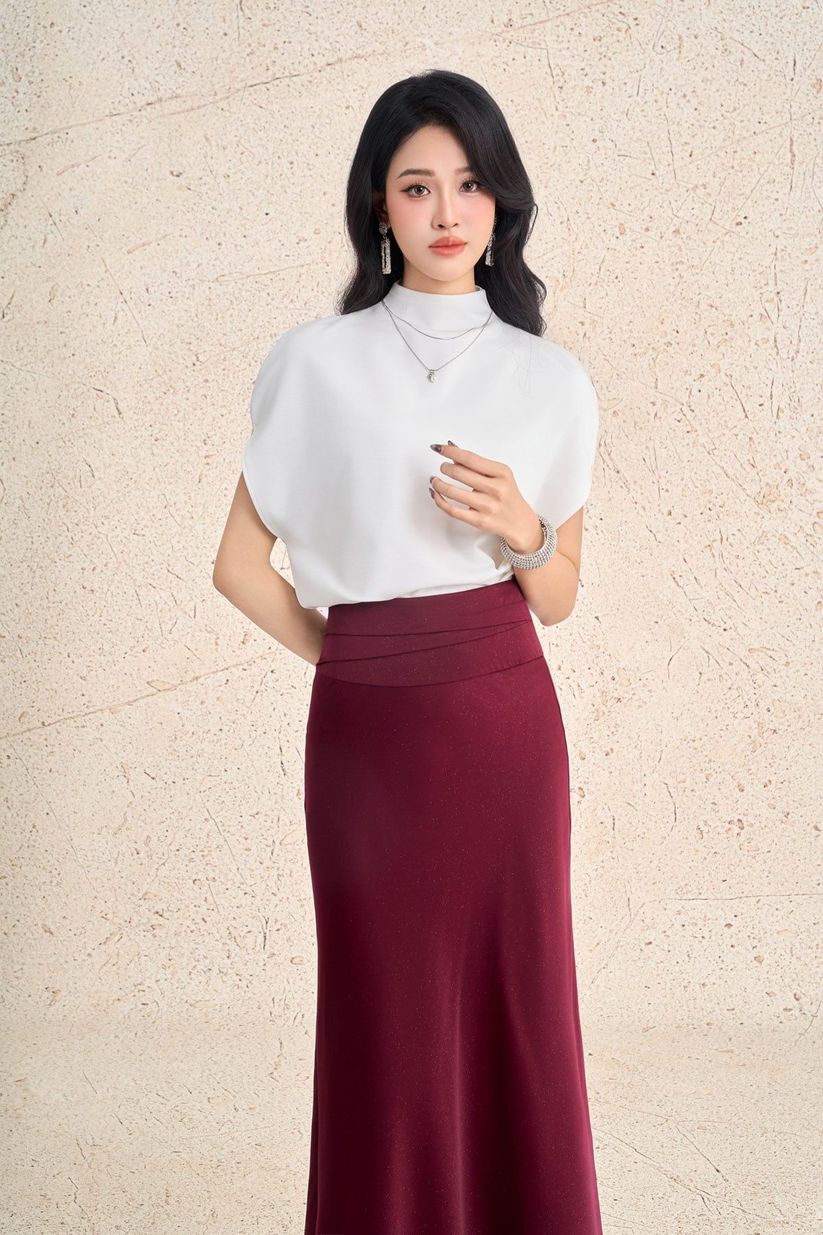 FJD51368 - Chân váy dài công sở vải lụa dáng suông dài cạp xếp nhún thời trang gấu váy đuôi cá tạo kiểu - PANTIO