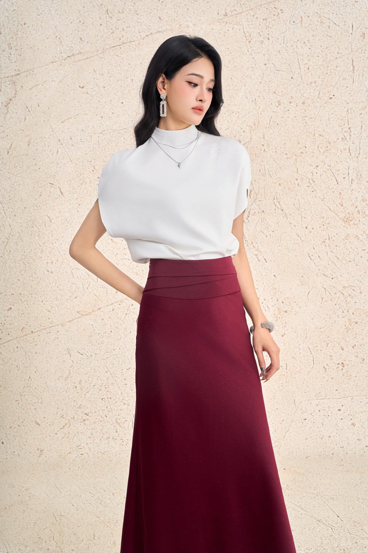 FJD51368 - Chân váy dài công sở vải lụa dáng suông dài cạp xếp nhún thời trang gấu váy đuôi cá tạo kiểu - PANTIO