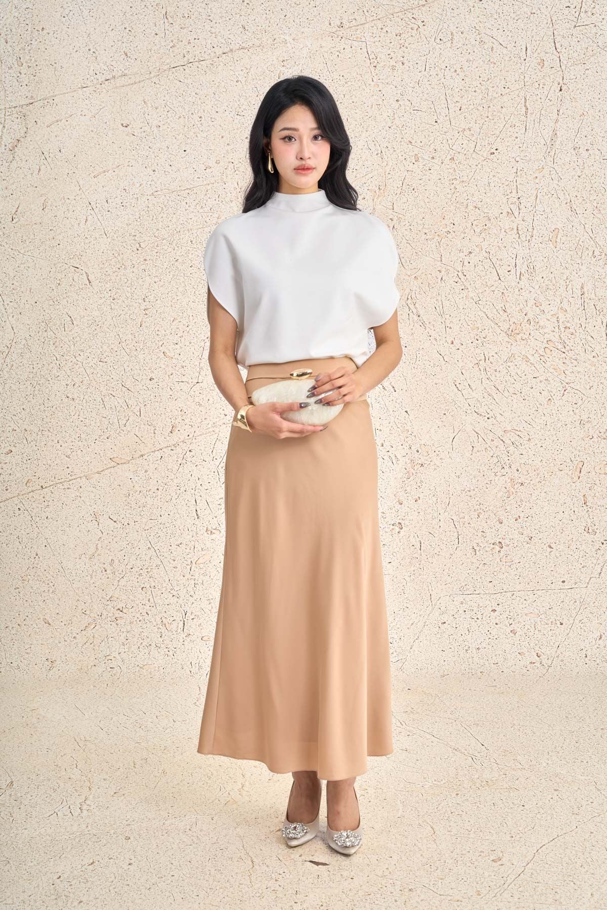 FJD51368 - Chân váy dài công sở vải lụa dáng suông dài cạp xếp nhún thời trang gấu váy đuôi cá tạo kiểu - PANTIO