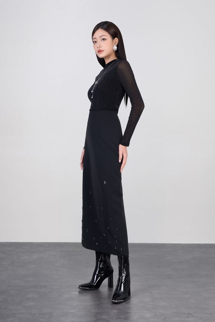 FJD71373 - Chân váy dài công sở vải tuytsi dáng suông cạp liền có độn hông gấu váy đính đá cao cấp khóa thân sau - PANTIO