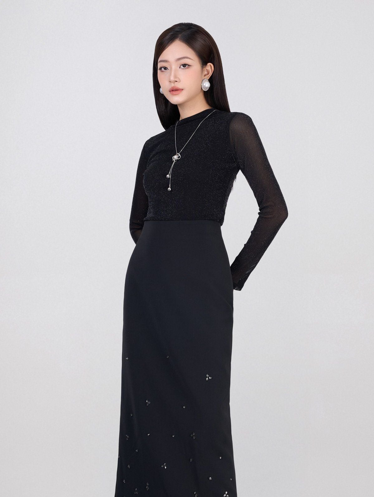 FJD71373 - Chân váy dài công sở vải tuytsi dáng suông cạp liền có độn hông gấu váy đính đá cao cấp khóa thân sau - PANTIO