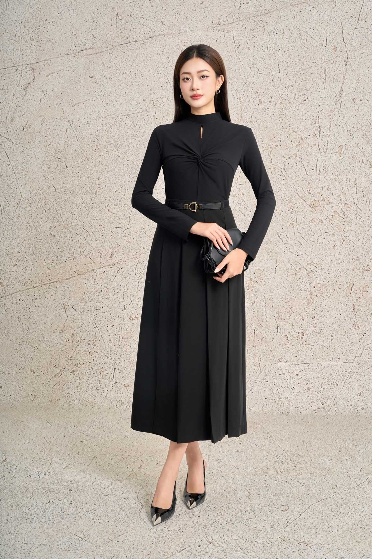 FJD71339 - Chân váy dài công sở vải thô mỏng dáng xòe cạp liền có dây lưng thân váy xếp ly to tạo kiểu khoá thân sau - PANTIO