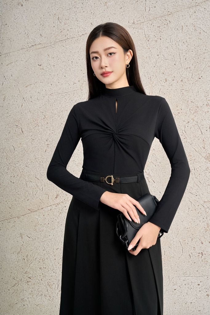 FJD71339 - Chân váy dài công sở vải thô mỏng dáng xòe cạp liền có dây lưng thân váy xếp ly to tạo kiểu khoá thân sau - PANTIO