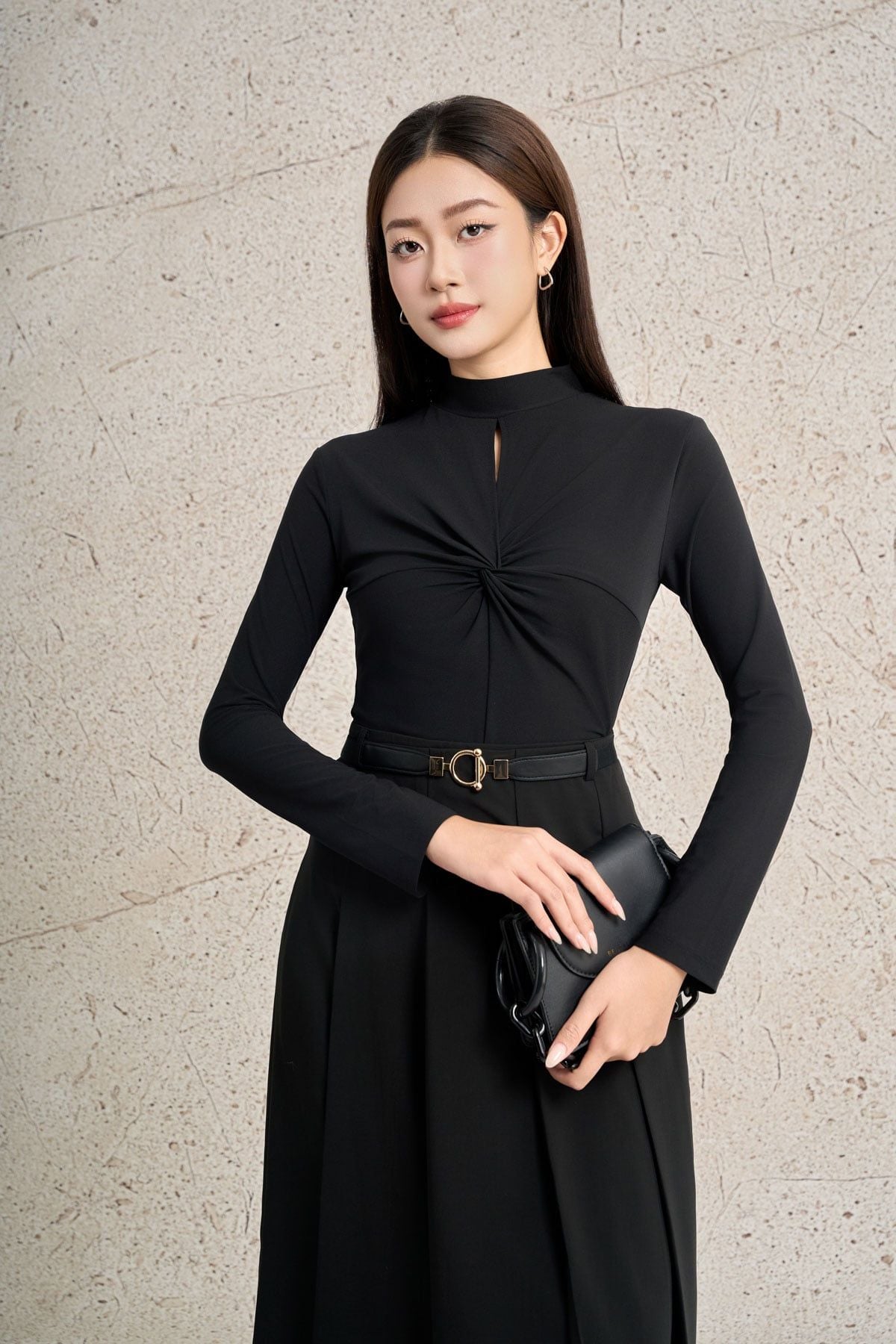 FJD71339 - Chân váy dài công sở vải thô mỏng dáng xòe cạp liền có dây lưng thân váy xếp ly to tạo kiểu khoá thân sau - PANTIO