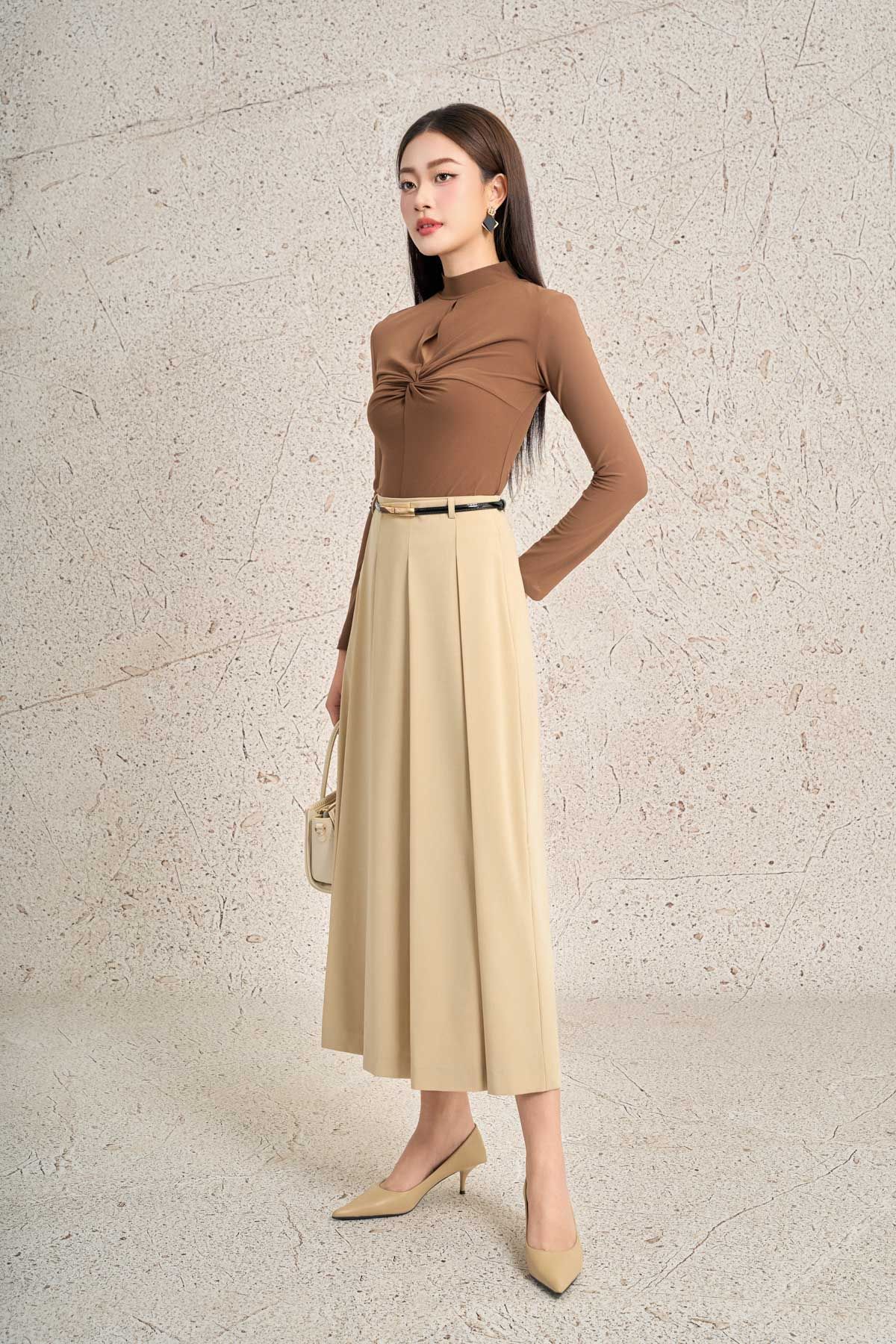 FJD71339 - Chân váy dài công sở vải thô mỏng dáng xòe cạp liền có dây lưng thân váy xếp ly to tạo kiểu khoá thân sau - PANTIO