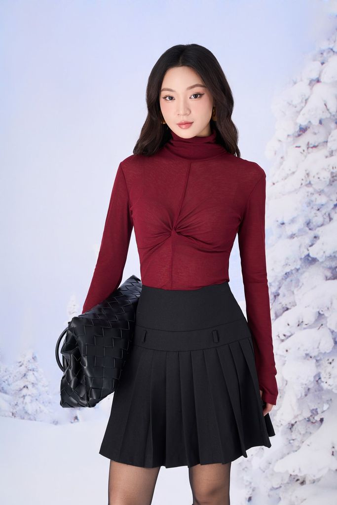 FAT9531 - Áo dệt kim vải len dáng ôm cổ cao tay dài ngực áo phối nhún tạo kiểu - PANTIO