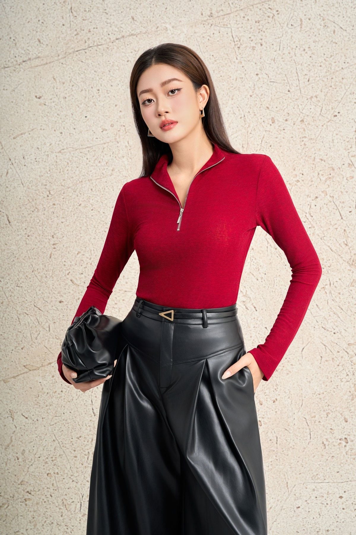 FAT9555 - Áo dệt kim cao cấp vải lưới dáng ôm cổ phối khoá tay dài thời trang - PANTIO