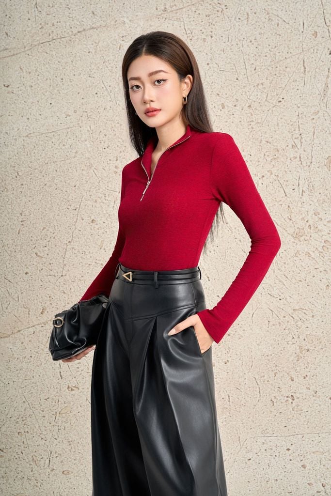 FAT9555 - Áo dệt kim cao cấp vải lưới dáng ôm cổ phối khoá tay dài thời trang - PANTIO