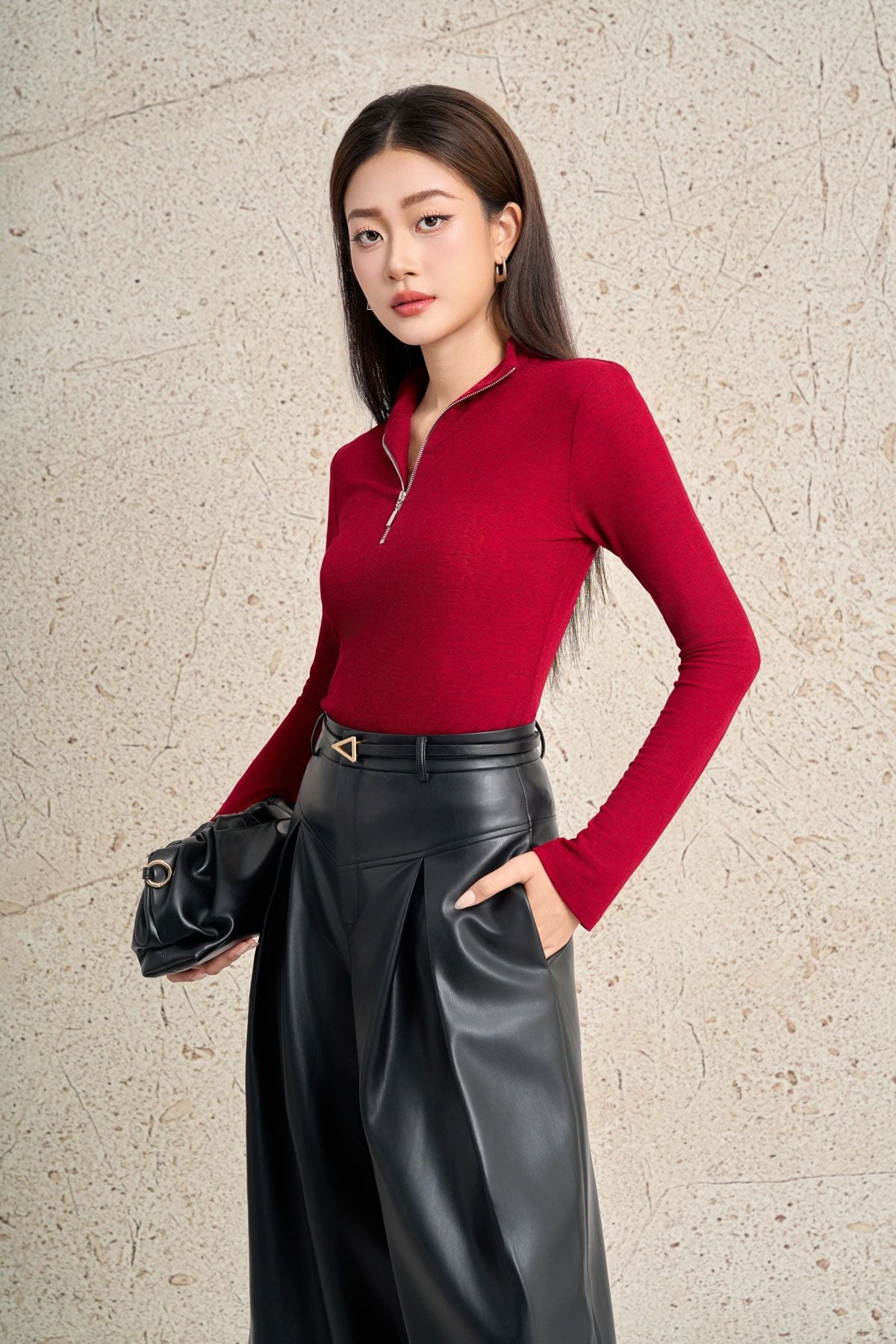 FAT9555 - Áo dệt kim cao cấp vải lưới dáng ôm cổ phối khoá tay dài thời trang - PANTIO