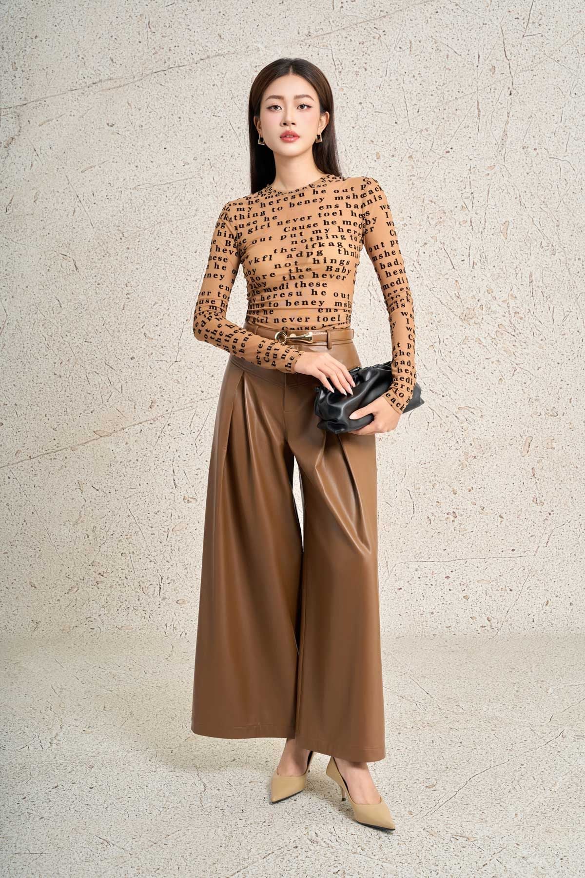 FQD51186 - Quần dài vải da cao cấp dáng suông ống rộng ống quần phối ly byung tạo kiểu khóa thân trước - PANTIO