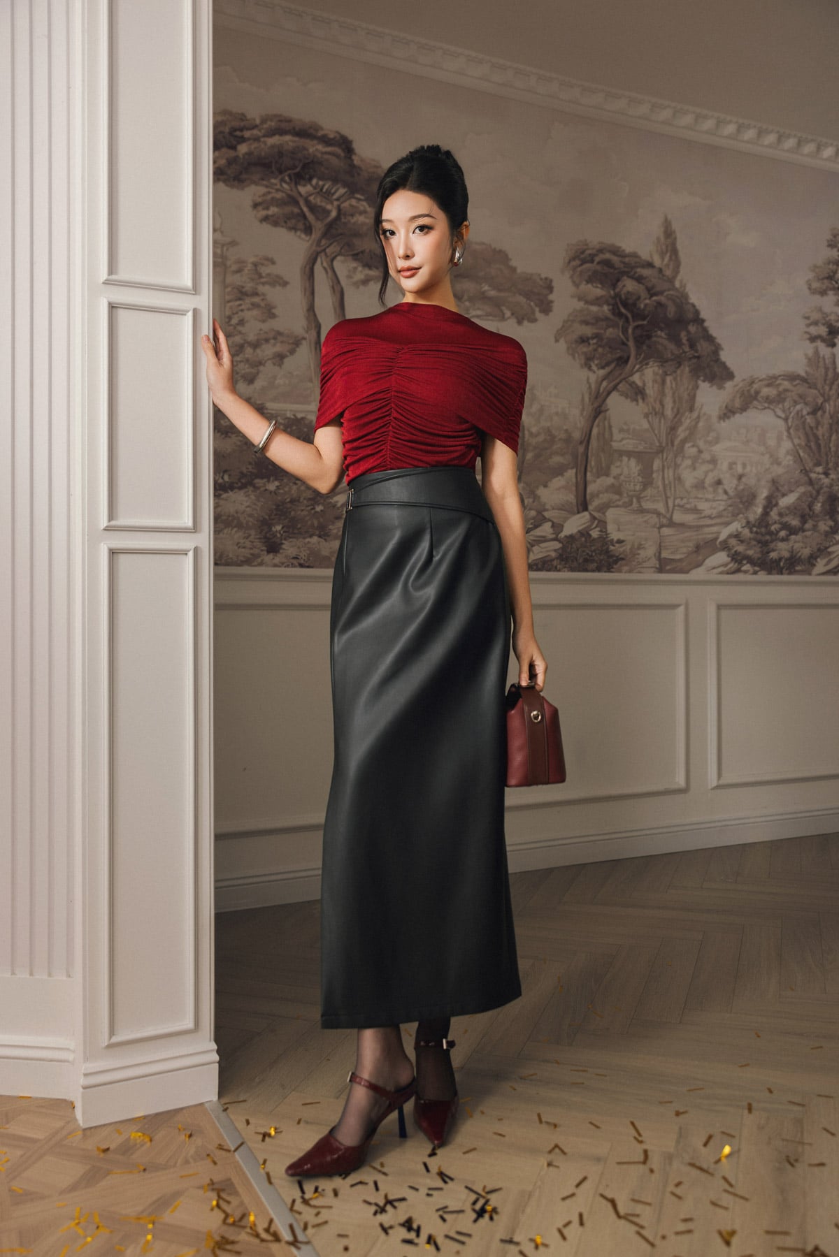 FAT9562 - Áo thun dệt kim vải len dáng ôm cổ tròn trễ vai xếp nhún tạo kiểu thời trang - PANTIO