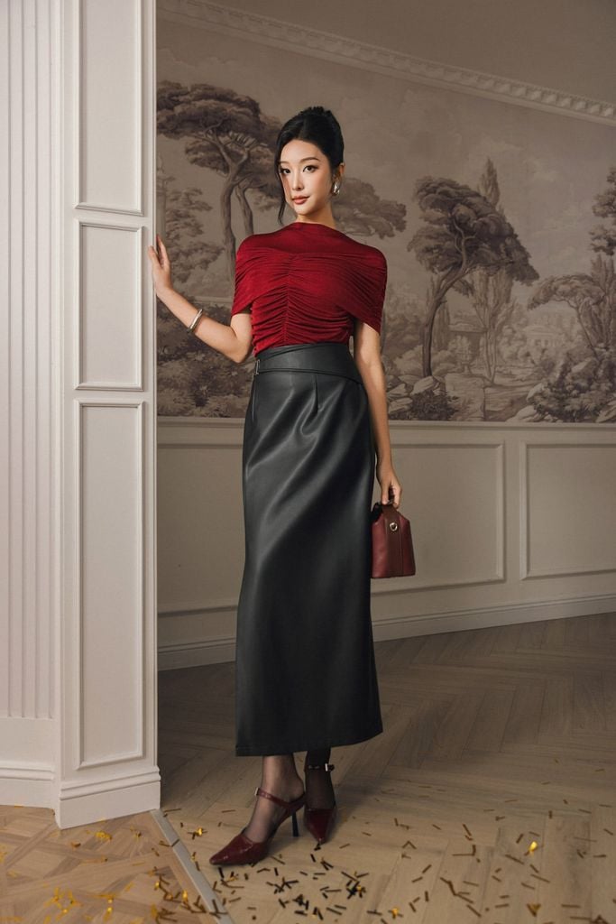 FAT9562 - Áo thun dệt kim vải len dáng ôm cổ tròn trễ vai xếp nhún tạo kiểu thời trang - PANTIO