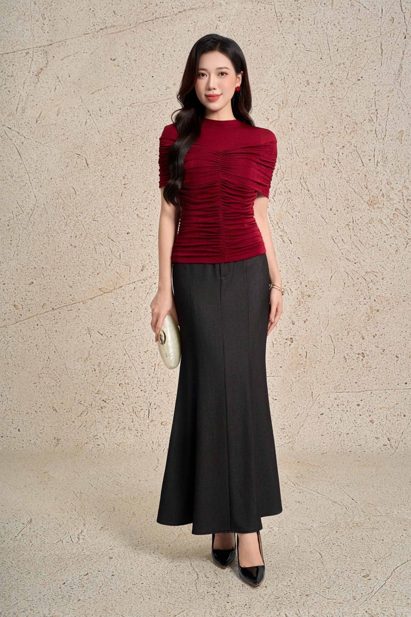 FAT9562 - Áo thun dệt kim vải len dáng ôm cổ tròn trễ vai xếp nhún tạo kiểu thời trang - PANTIO