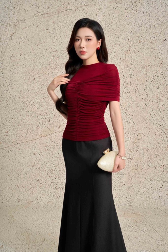 FAT9562 - Áo thun dệt kim vải len dáng ôm cổ tròn trễ vai xếp nhún tạo kiểu thời trang - PANTIO