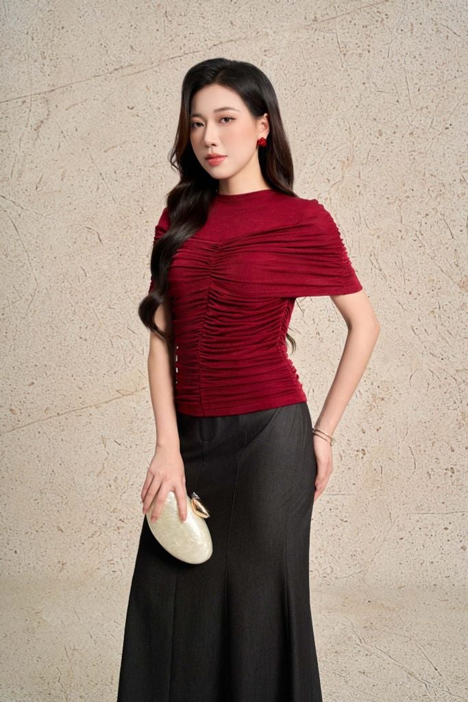 FAT9562 - Áo thun dệt kim vải len dáng ôm cổ tròn trễ vai xếp nhún tạo kiểu thời trang - PANTIO
