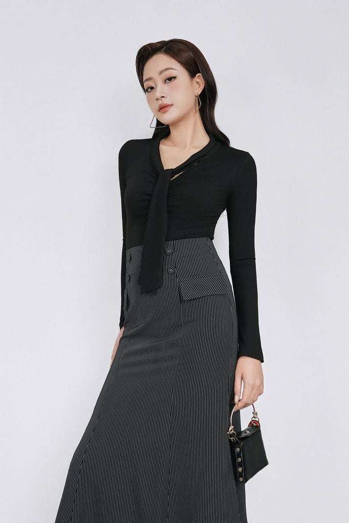 FAT9592 - Áo thun dệt kim vải len dáng ôm cổ xẻ V phối vạt tạo kiểu ngực nhún thời trang - PANTIO