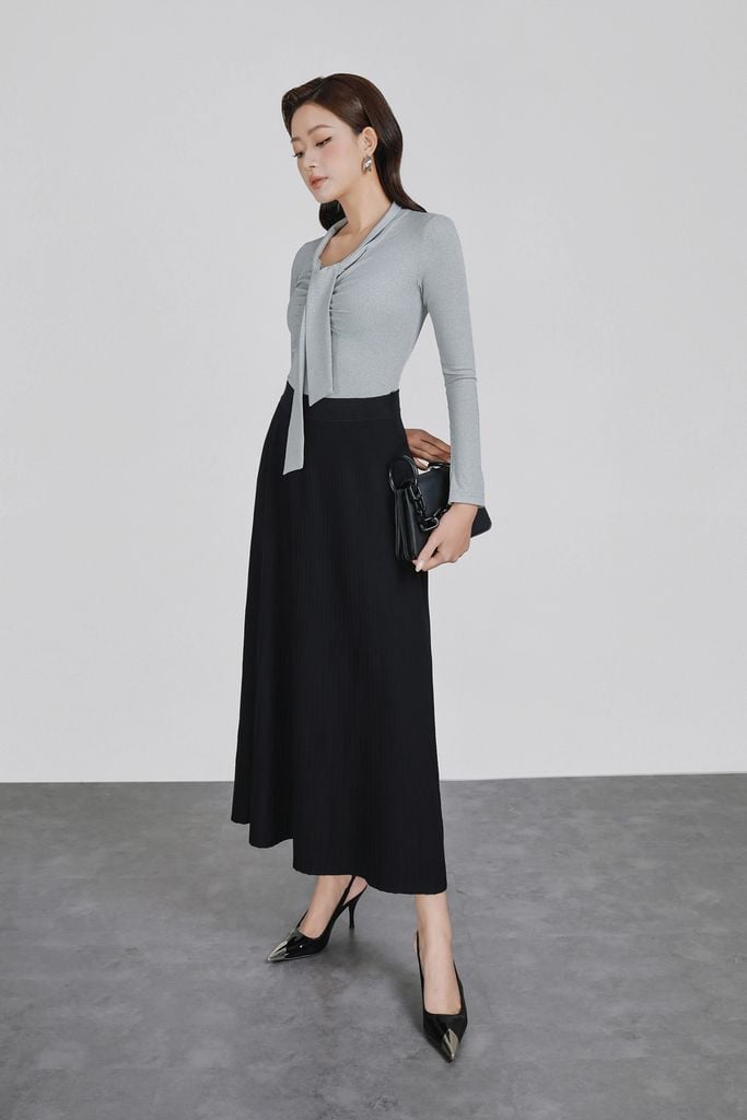 FAT9592 - Áo thun dệt kim vải len dáng ôm cổ xẻ V phối vạt tạo kiểu ngực nhún thời trang - PANTIO