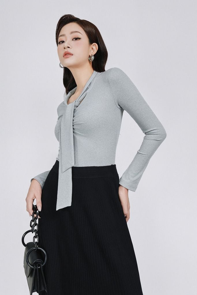 FAT9592 - Áo thun dệt kim vải len dáng ôm cổ xẻ V phối vạt tạo kiểu ngực nhún thời trang - PANTIO