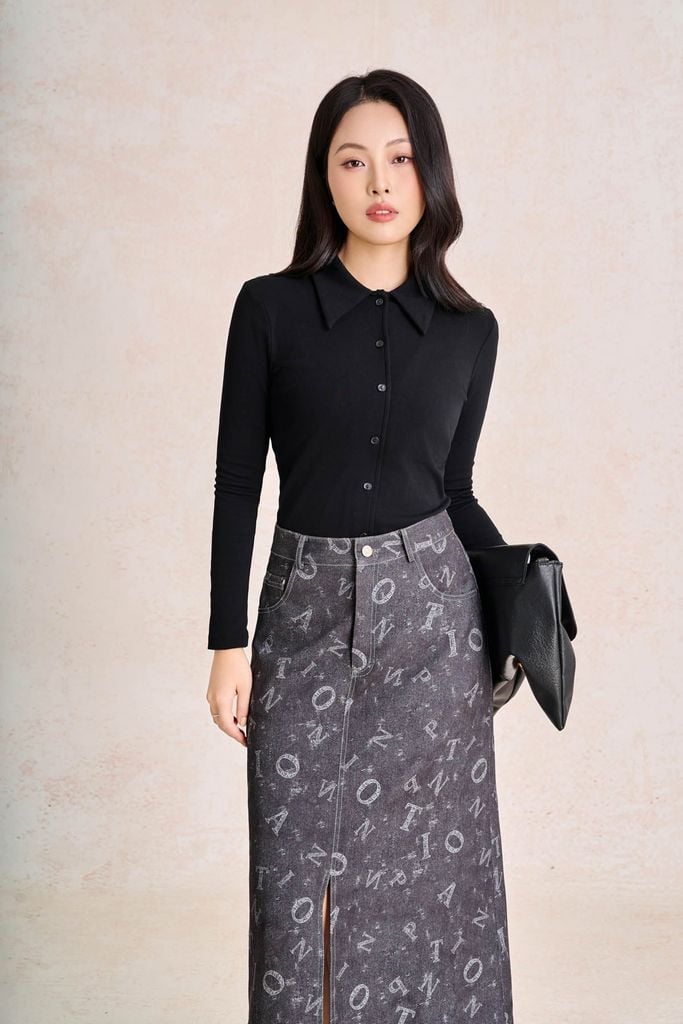 FAT9688 - Áo thun dệt kim vải cotton dáng ôm cổ bẻ tay dài thân áo phói khuy tạo kiểu - PANTIO