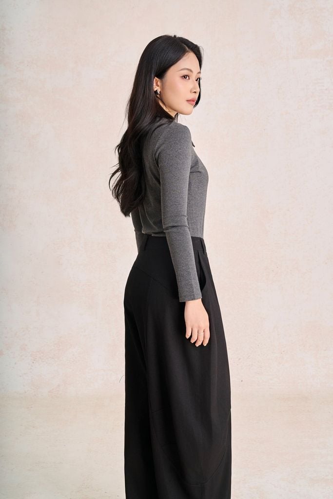 FAT9688 - Áo thun dệt kim vải cotton dáng ôm cổ bẻ tay dài thân áo phói khuy tạo kiểu - PANTIO