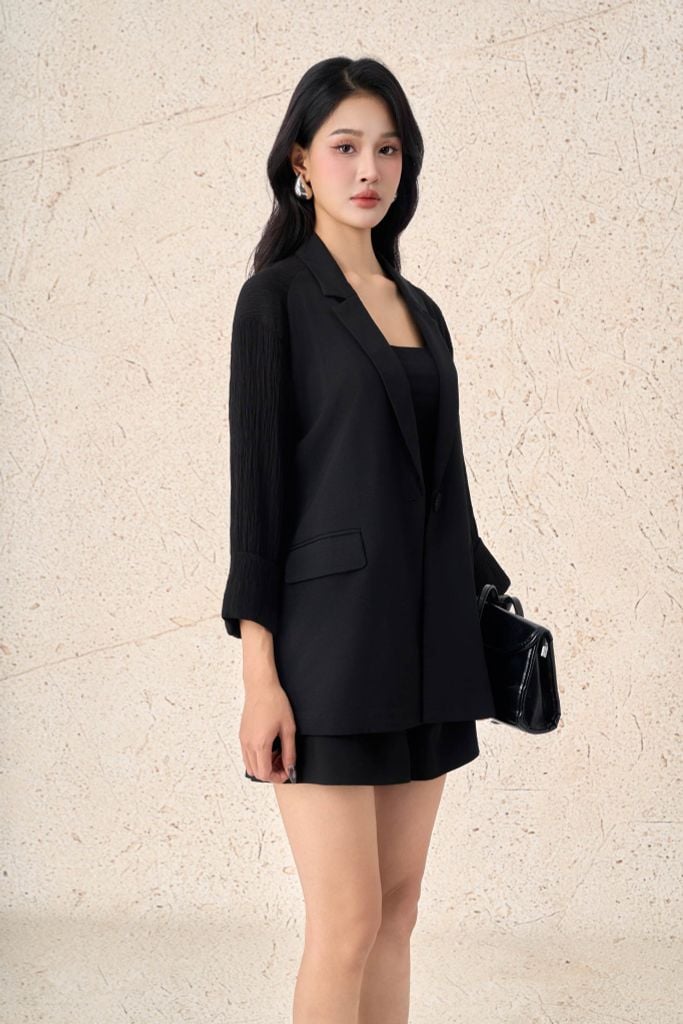 FAV7974 - Áo vest công sở vải thô đũi dáng suông cổ hai ve tay lửng thân áo có nắp túi ốp tạo kiểu - PANTIO