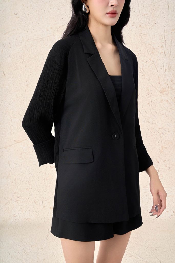 FAV7974 - Áo vest công sở vải thô đũi dáng suông cổ hai ve tay lửng thân áo có nắp túi ốp tạo kiểu - PANTIO