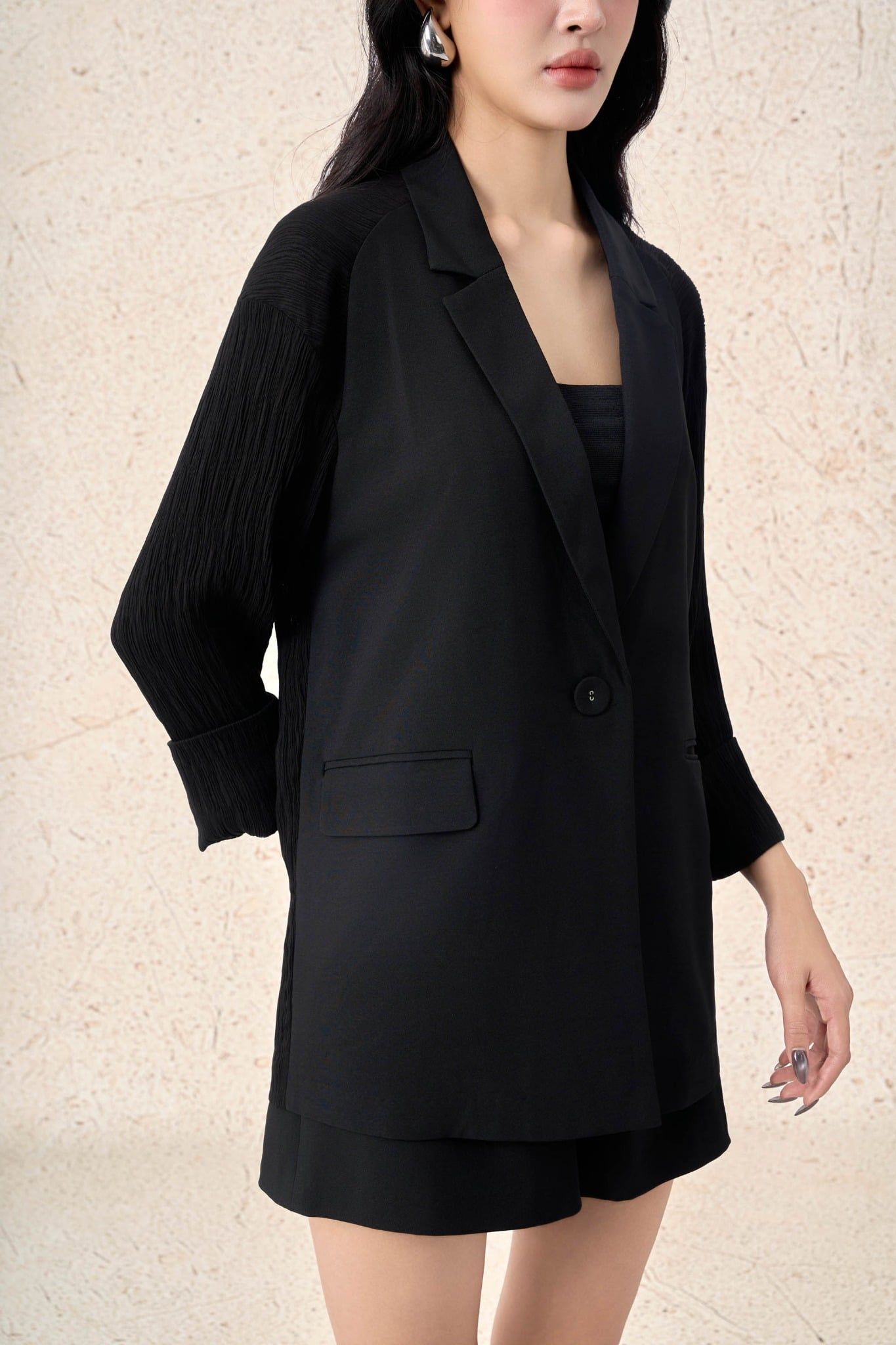 FAV7974 - Áo vest công sở vải thô đũi dáng suông cổ hai ve tay lửng thân áo có nắp túi ốp tạo kiểu - PANTIO