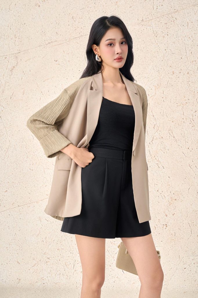 FAV7974 - Áo vest công sở vải thô đũi dáng suông cổ hai ve tay lửng thân áo có nắp túi ốp tạo kiểu - PANTIO