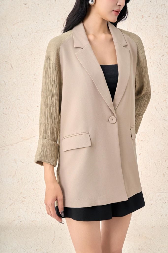 FAV7974 - Áo vest công sở vải thô đũi dáng suông cổ hai ve tay lửng thân áo có nắp túi ốp tạo kiểu - PANTIO