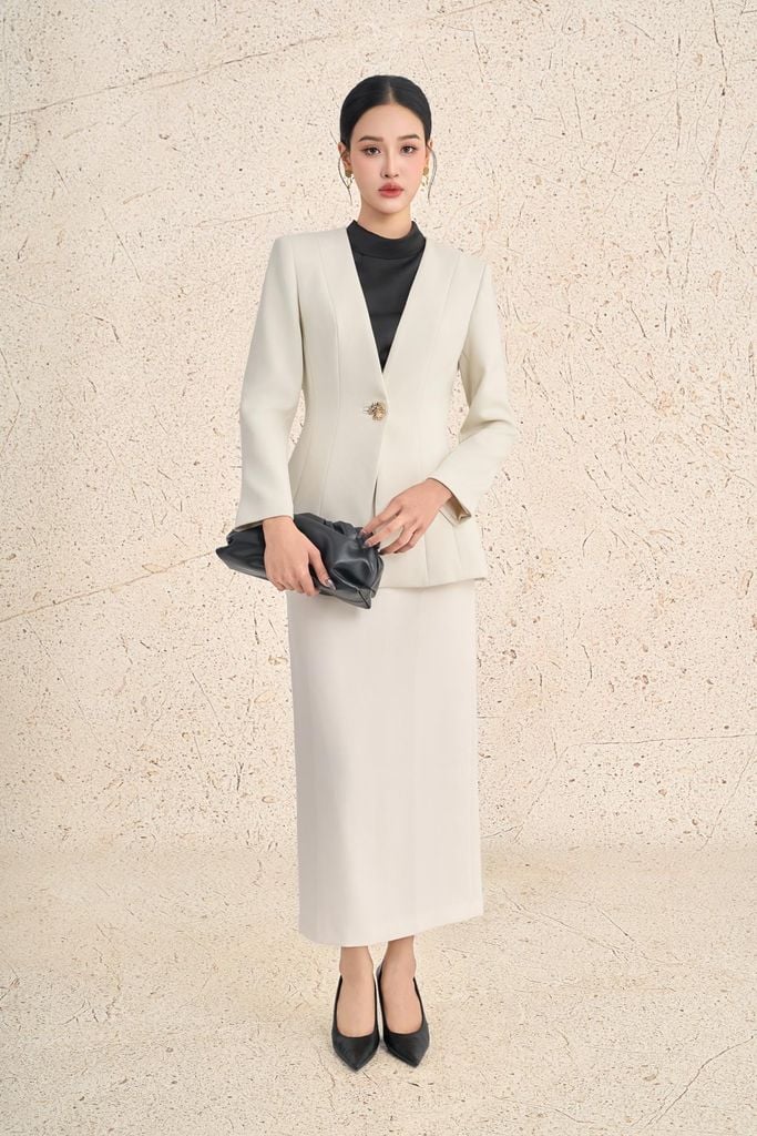 FAV9968 - Áo vest công sở vải thô dày dáng ôm cổ xẻ chữ V tay dài chiết eo thân áo đính khuy kim loại thời trang - PANTIO