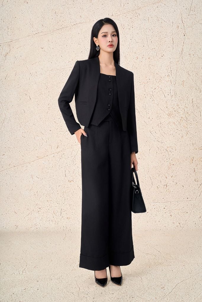 FQD91199 - Quần dài công sở vải demin dáng suông ống rộng gập gấu tạo kiểu khóa thân trước - PANTIO