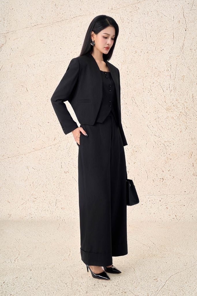 FQD91199 - Quần dài công sở vải demin dáng suông ống rộng gập gấu tạo kiểu khóa thân trước - PANTIO